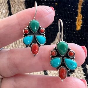 ❤️ Kingman Turquoise & Italian Coral MultiStone Cluster 925 Drop Earrings 1.40”L
